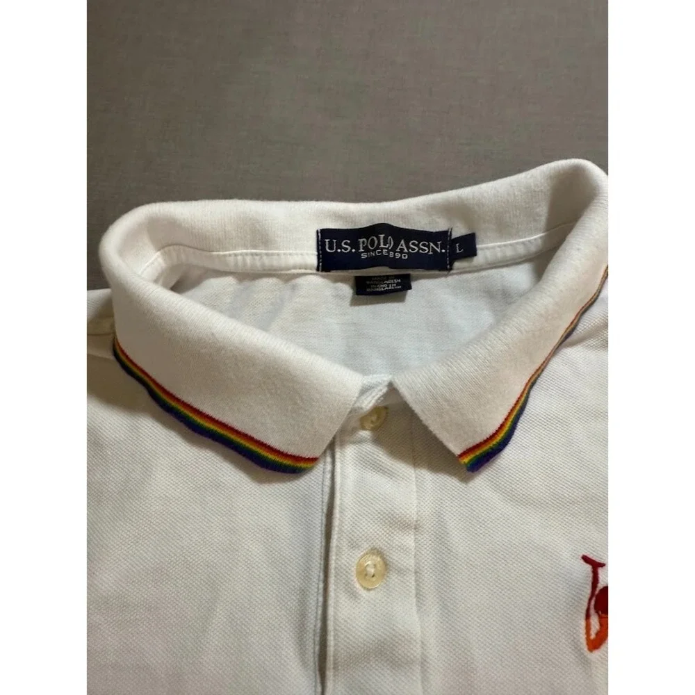 U.S. Polo ASSN. Polo Rainbow Pride Logo Shirt Adult L White Short Sleeve Button.